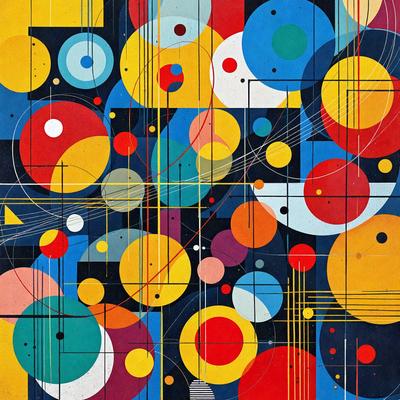 The primary subject of the image is a colorful and abstract painting featuring a variety of circles and other shapes. The setting is a black and white background, which contrasts with the vibrant colors of the painting. The visual style is a mix of digital art and illustration, creating a unique and eye-catching piece of art. The dominant colors are red, yellow, and blue, giving the painting a lively and energetic atmosphere.